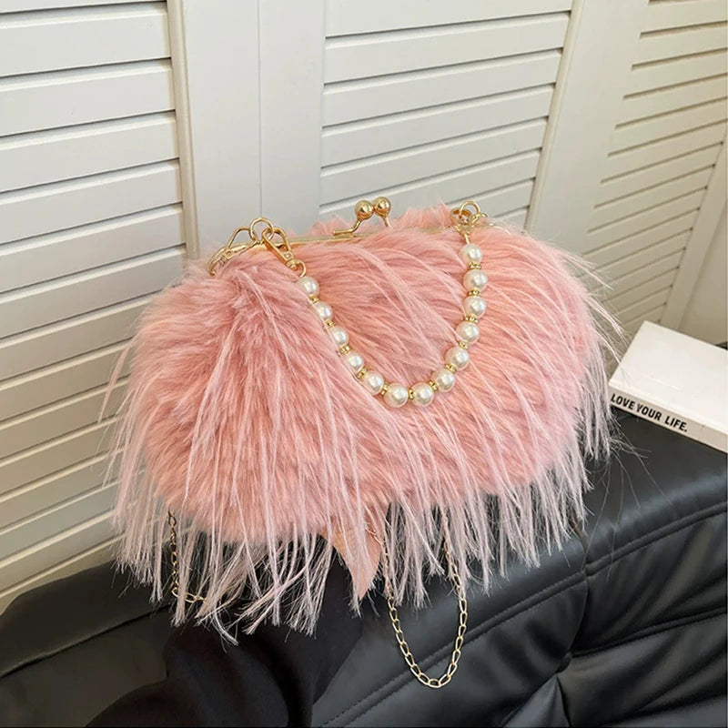 Luxury Faux Fur Evening Bag Fluffy Solid Color Shoulder Bag Large Capacity Pearl Handle Clutch Crossbody Bag For Women