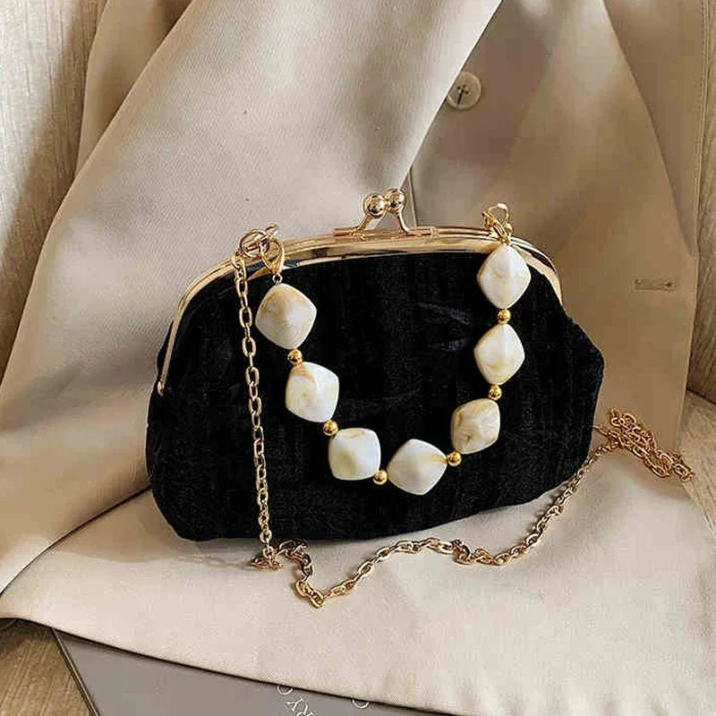 Retro Beaded Party Handbags Summer Women's Versatile Chain Crossbody Bags French Fashion Single Shoulder Bags Trend