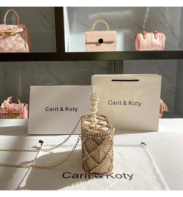 Luxury Designer Glod Metal Cage Pearl Beading Handle Women Handbag Evening Bag Wedding Party Clutch Purse Shoulder Crossbody Bag
