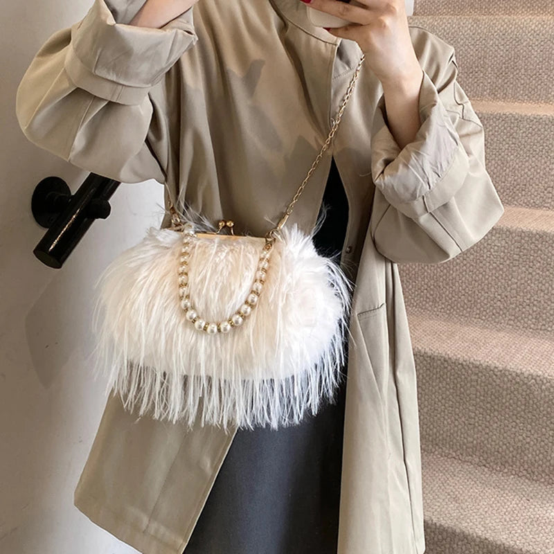 Luxury Faux Fur Evening Bag Fluffy Solid Color Shoulder Bag Large Capacity Pearl Handle Clutch Crossbody Bag For Women