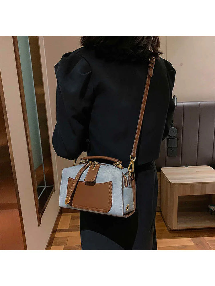 Artificial Leather Retro Unisex Large Capacity Blue Handbag Shoulder Crossbody Messenger Bags Doctor Boston Women Purse