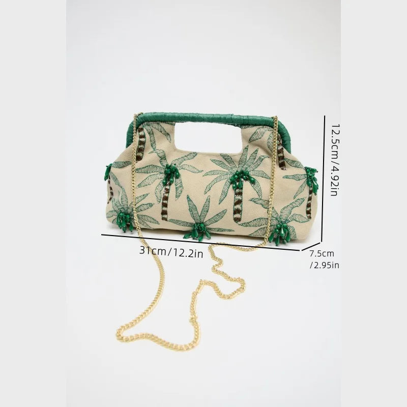 BEADED DETAIL CLUTCH, Envelope Clutchs Tree Embroidered, Luxury Designer Handbags with Removable Chain Crossbody Strap