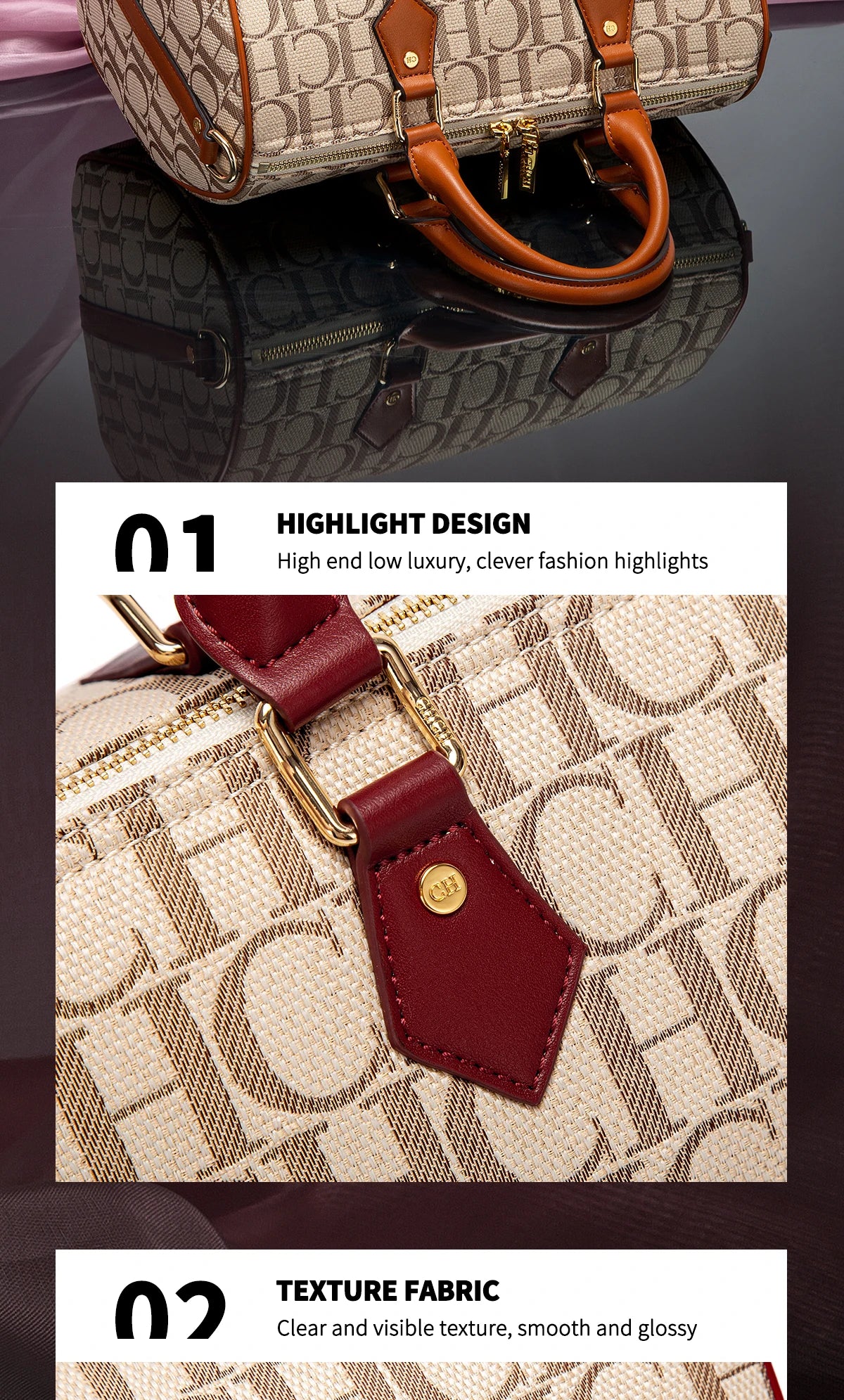 CHCH Women's Pillow Bag Autumn/Winter New Collection Letter Handbag Brown Boston Bag