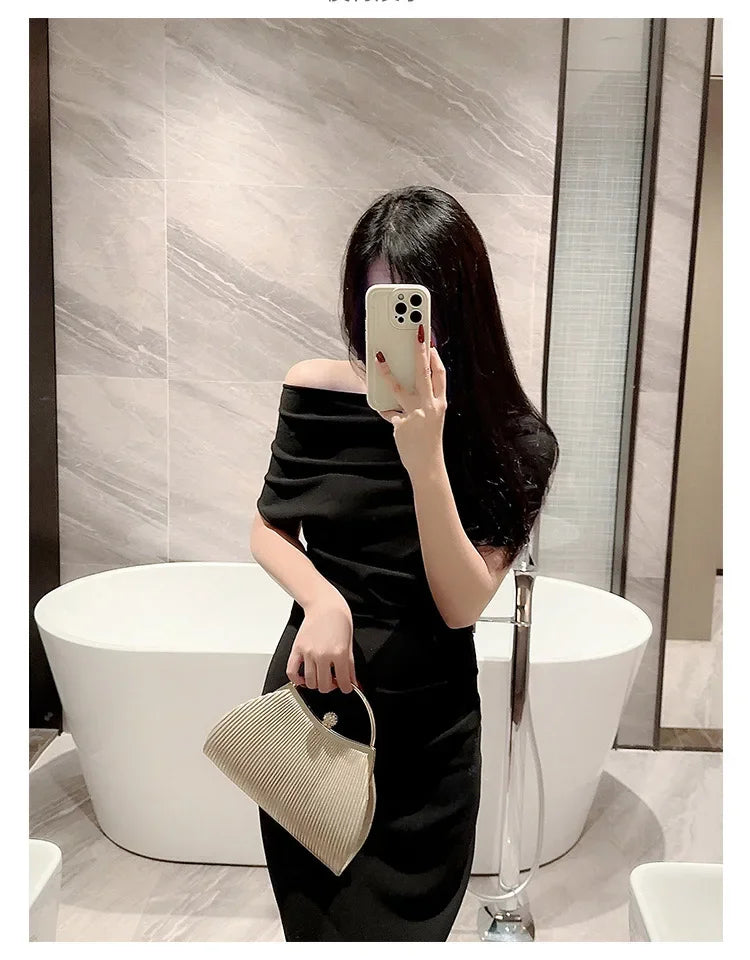 Pleated Evening Handbag Women Top Handle Glitter Day Clutch Ladies Wedding Dinner Dressed Clip Bag Diamond Party Purse Gold