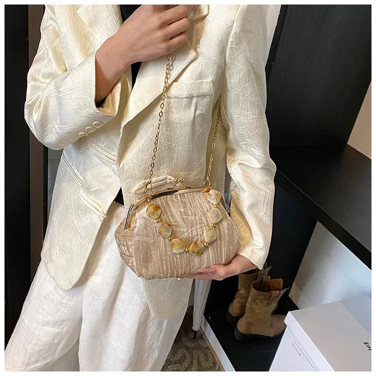 Retro Beaded Party Handbags Summer Women's Versatile Chain Crossbody Bags French Fashion Single Shoulder Bags Trend