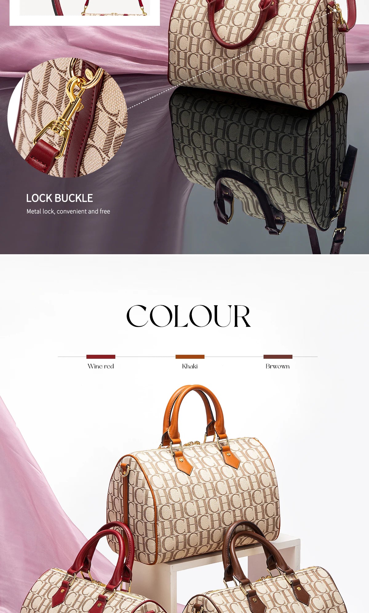 CHCH Women's Pillow Bag Autumn/Winter New Collection Letter Handbag Brown Boston Bag