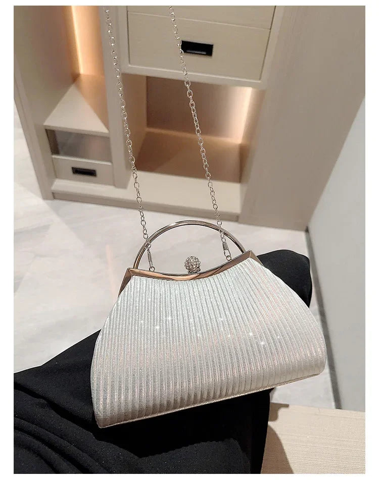 Pleated Evening Handbag Women Top Handle Glitter Day Clutch Ladies Wedding Dinner Dressed Clip Bag Diamond Party Purse Gold