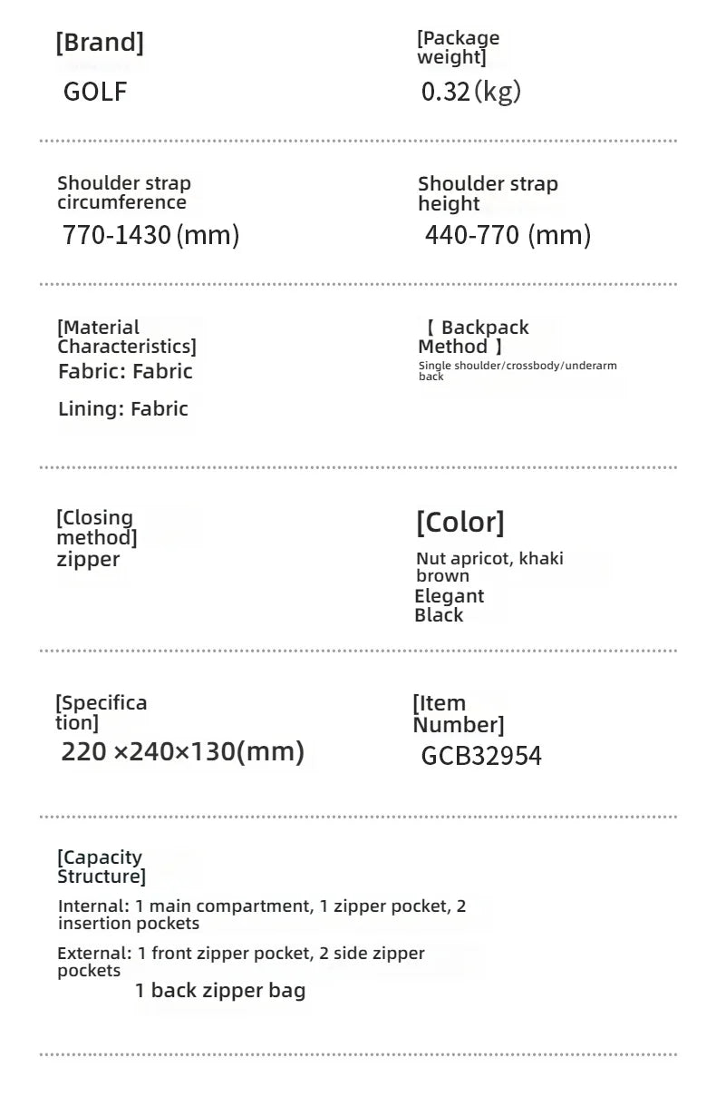 GOLF Quality Women's Waterproof Oxford Crossbody Bag Casual Multifunctional Shoulder Messenger Handbag Fashionable Sling Bag