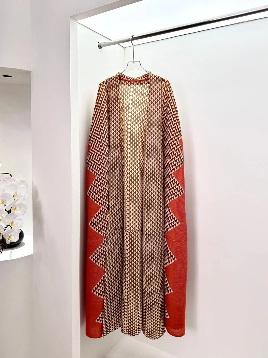 Miyake Pleated Muslim Abaya Dress Color Block Polka Dot Diamond Plus Size Casual Long Robe Pour Femme for Tall Women Modest — Orange