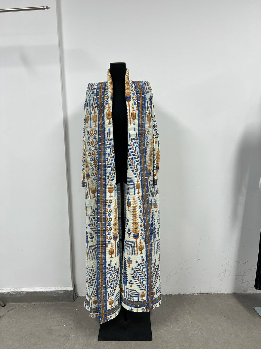 Miyake Pleated Abaya Women Muslim Dress Turndown Collar Floral Printed Modets Jacket Style Long Robe Pour Femme for Tall Ladies — color 5