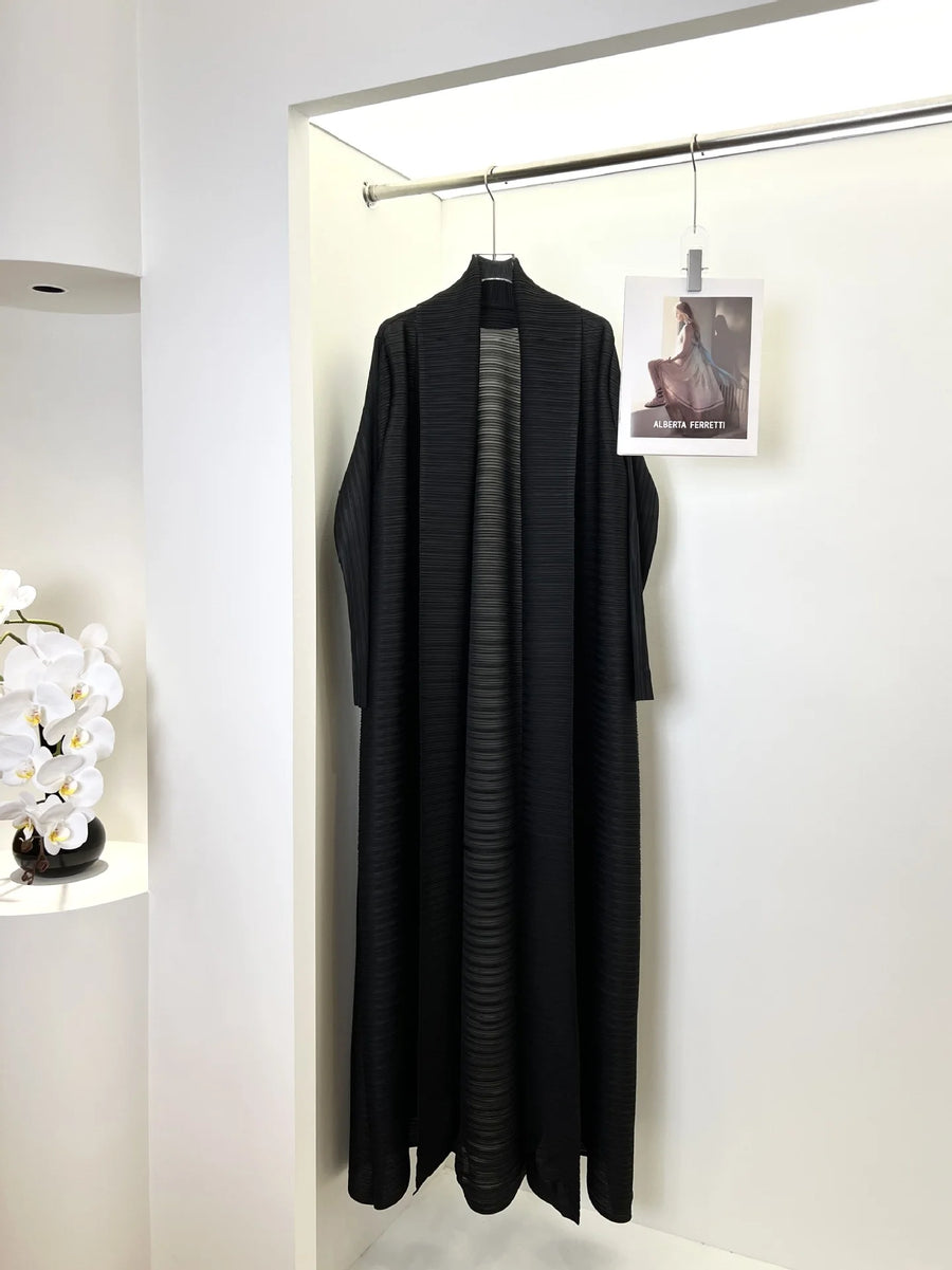 Miyake Pleated Open Abaya Women Muslim Modest Style Lady Cardigan Coat Solid Color Belt Long Sleeves Plus Size Fits All ODM Gown — Black