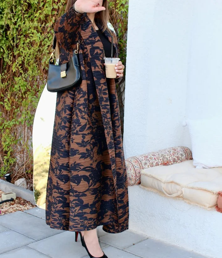 Pleats Miyake Open Abaya 2025 Retro Printed Muslim Dubai Modest Long Robe for Tall Ladies Loose Free Size Cardigan Style Abayas — Color-1