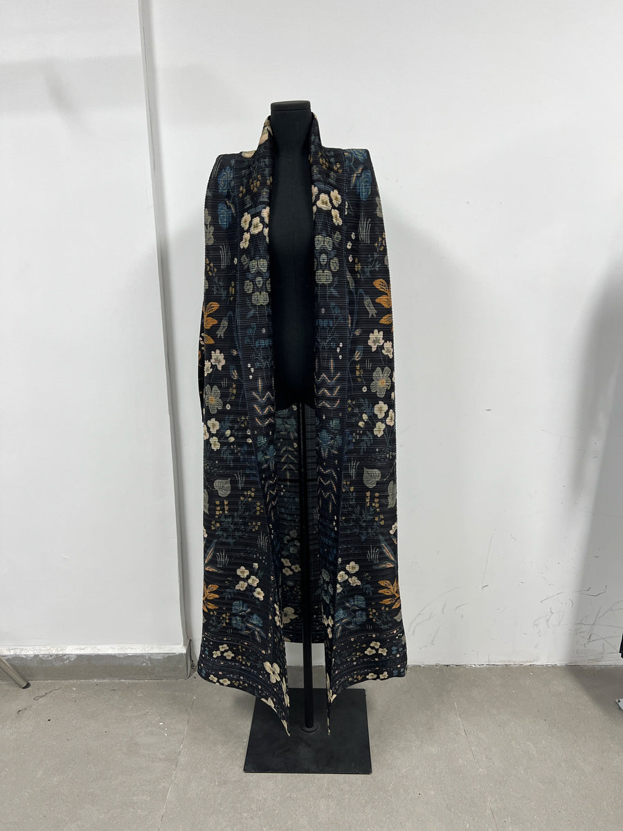 Miyake Pleated Abaya Women Muslim Dress Turndown Collar Floral Printed Modets Jacket Style Long Robe Pour Femme for Tall Ladies — color 9