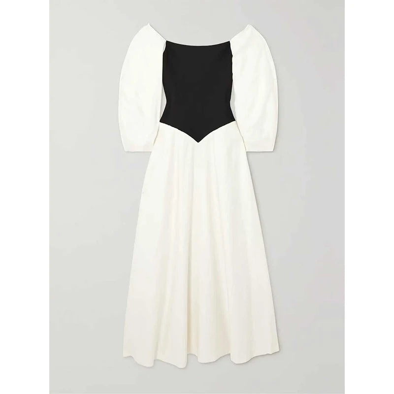 Women's Ivory & Black Contrast Off-Shoulder Maxi Dress - Puff Sleeve Elegant Casual Dress — Ivory
