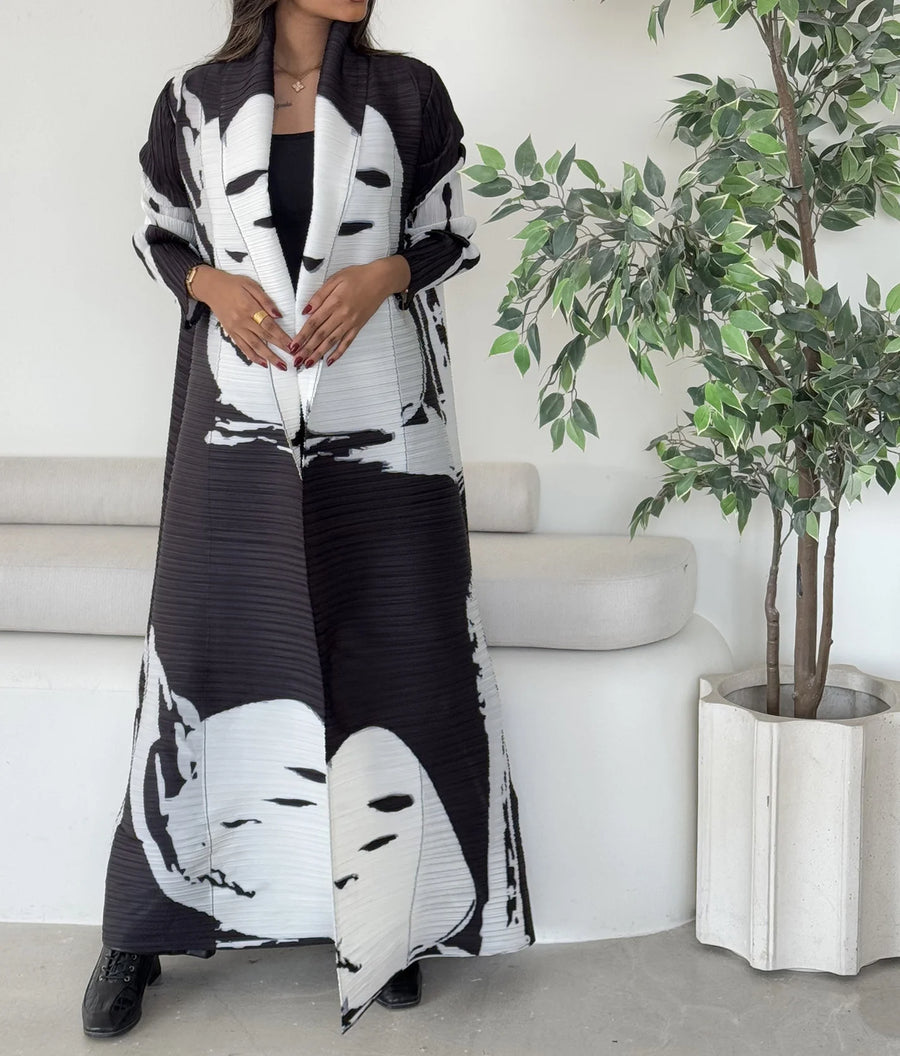 Miyake 2025 Open Abaya Women's Casual Pleated Trench Coat Printed Muslim Style Cardigan Long Robe Modest Loose Abayas Plus Size — 1