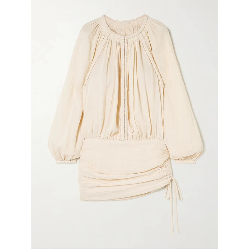 Women's Elegant Casual Summer Dress with Hollow Ruffle Ribbon Silk Puff Sleeves Ruffle Belt Midi Length-Fashionable Mesh Shorts — Champagne