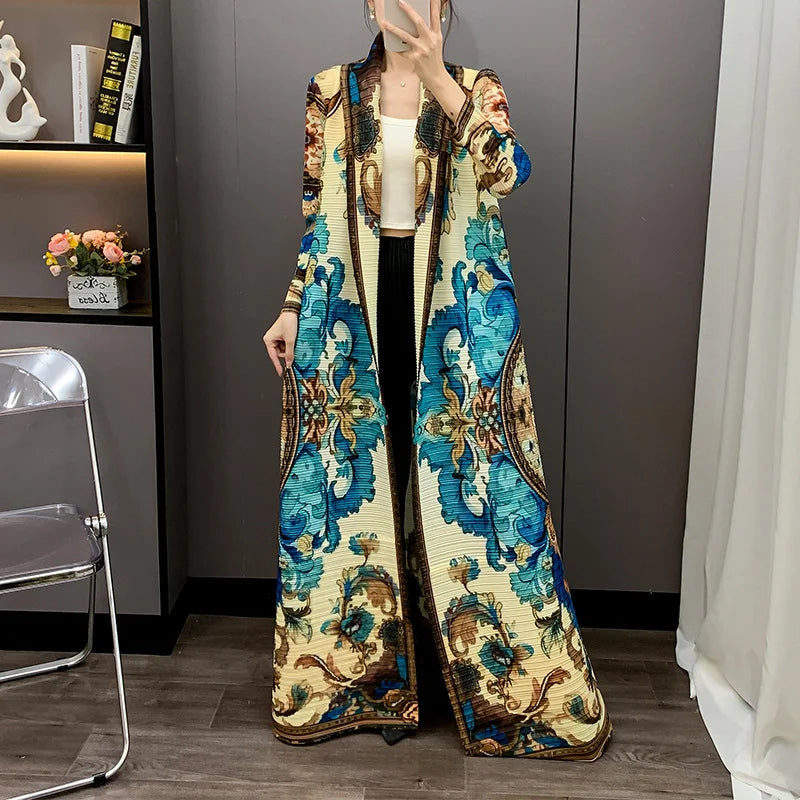 Miyake Abaya 2025 Autumn Collection Pleated Cardigan Open Front Floral Printed Middle Eastern Women's Modest Coat High Quality — color 4