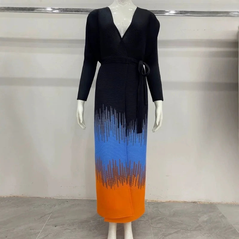 Miyake Pleated Open Abaya 2025 Women's Plus Size Elegant Loose Printed Cardigan Style Muslim Dress Modest Long Robe with Orange — Orange