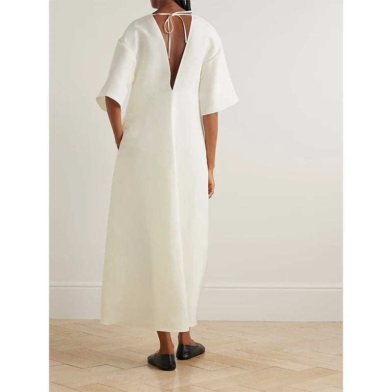 Customized High-Grade Linen Women's Midi Dress Vintage Casual Style V-Neck Half Sleeve Natural Waistline Autumn Season-XS Size — White