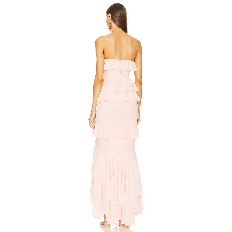 Chiffon Bodycon Midi Dress Sexy Strapless Sleeveless Slit Tassel Pleated Flared Ruffled Solid Casual Style for Summer — Pink - Image 2