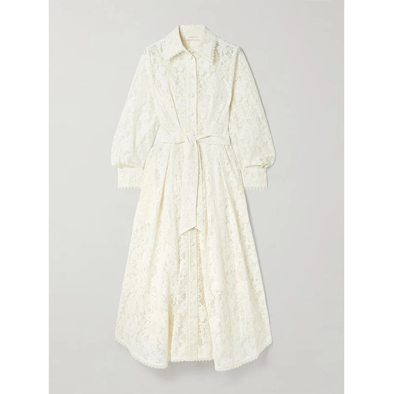 Women's Custom 100% Linen Maxi Dress Breathable Mid-Length with Solid Color Lapel Button Decoration Casual Summer Style XS Size — Ivory