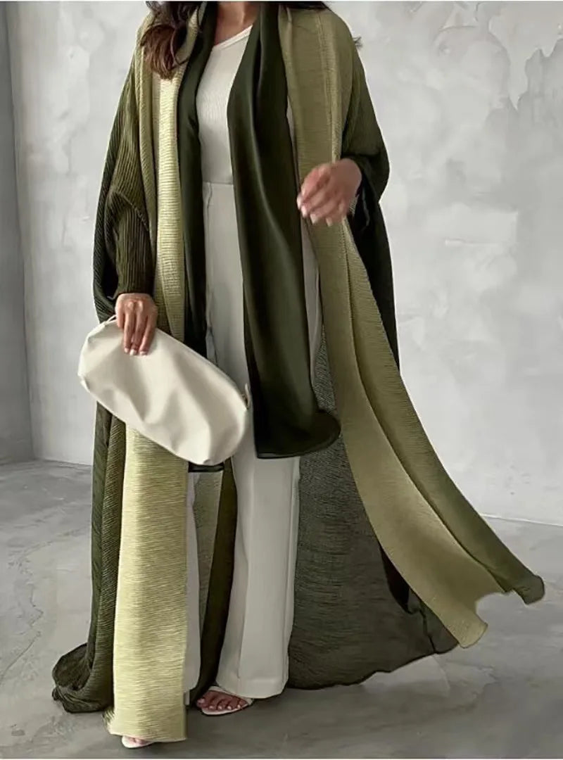 Factory Pleats Miyake Open Abaya 2025 Long Robe Elegant Cardigan Scarf Collar Bat Sleeve Casual Modest Muslim Abayas for Women — Olive