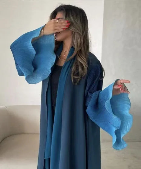 High Quality Abaya 2025 Women's Muslim Dress for Church Gradient Cardigan Lapel Plus Size Pleated Long Robe Pour Femme Modest — Blue