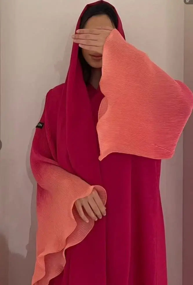 High Quality Abaya 2025 Women's Muslim Dress for Church Gradient Cardigan Lapel Plus Size Pleated Long Robe Pour Femme Modest — Rose red