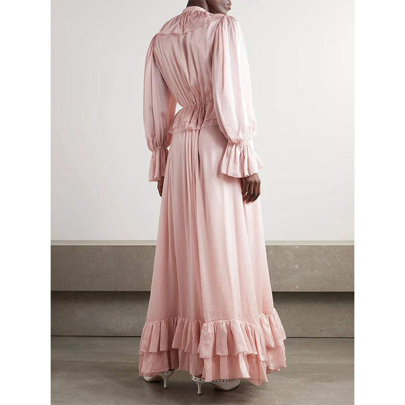 Hot Summer Sale Women's Mid-Length Elegant Casual Dress with Loose Round Neck and Natural Waistline Woven Eco-Friendly Dress — Pink