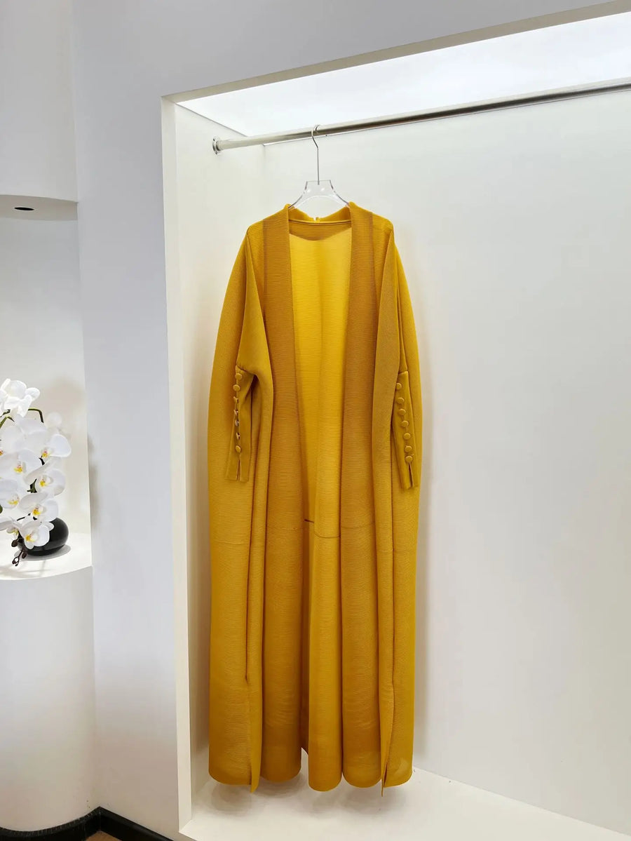 Miyake Abaya 2025 New Women's Muslim Elegant Pleated Trench Coat Batwing Sleeve Solid Color Loose Plus Size Long Robe Pour Femme — Sunflower color