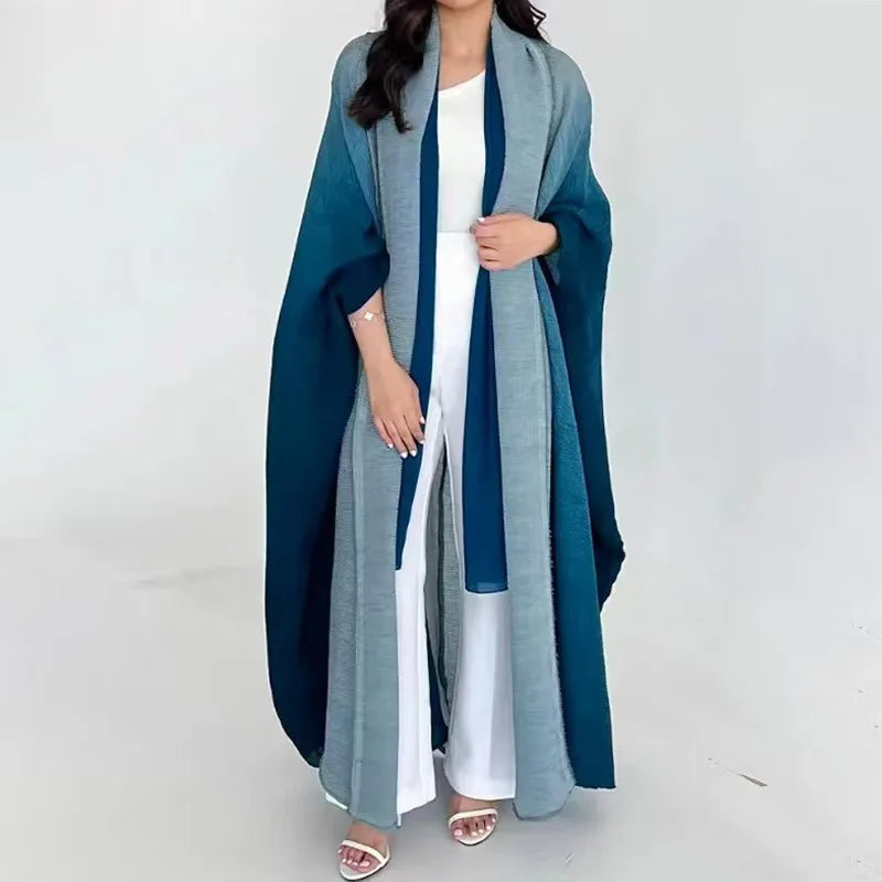 Factory Pleats Miyake Open Abaya 2025 Long Robe Elegant Cardigan Scarf Collar Bat Sleeve Casual Modest Muslim Abayas for Women — Blue