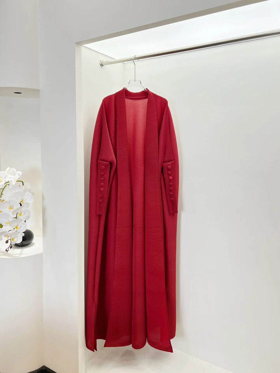 Miyake Abaya 2025 New Women's Muslim Elegant Pleated Trench Coat Batwing Sleeve Solid Color Loose Plus Size Long Robe Pour Femme — Red