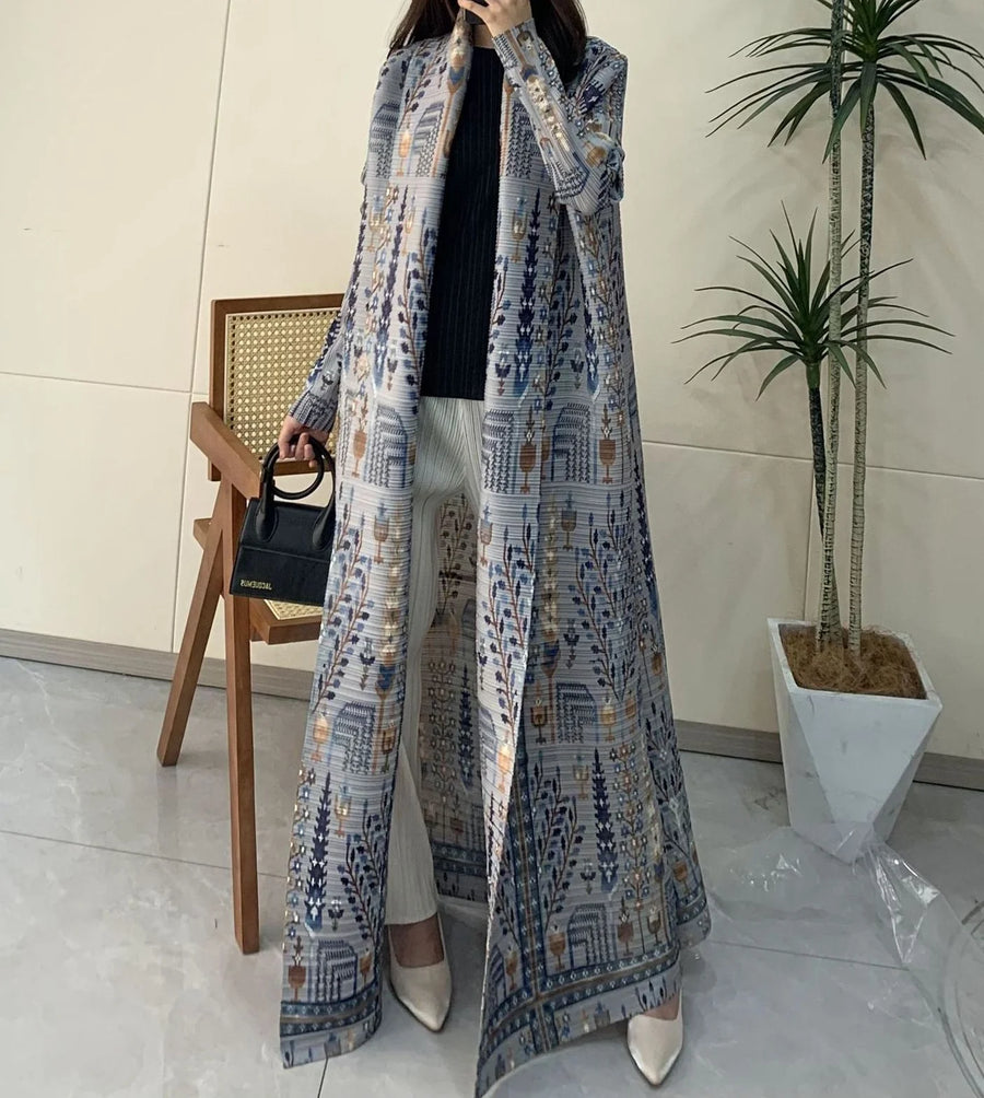 Miyake Pleated Abaya Women Muslim Dress Vintage Plus-Size Print Long Robe Pour Femme Casual Jacket for Tall Ladies All Season — Brown - Image 2