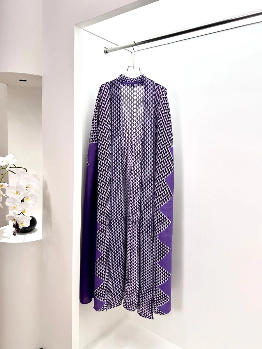 Miyake Pleated Muslim Abaya Dress Color Block Polka Dot Diamond Plus Size Casual Long Robe Pour Femme for Tall Women Modest — Purple