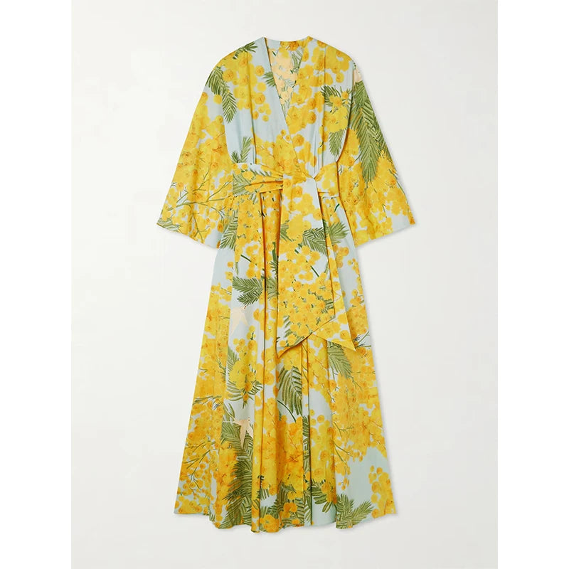 Casual Style European American Fashion Printed Chiffon Dress with Deep V Neck for Women Long Dress by Manufacturer — Yellow