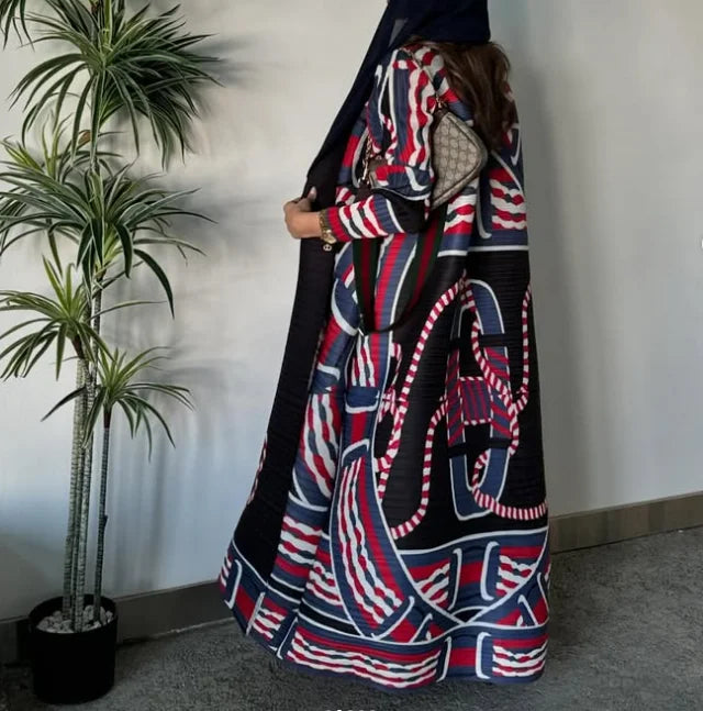 Factory Customized High Quality Front Open Abaya Elegant Miyake Pleated Long Robe Print Kaftan Loose Modest Abayas for Women — color-4