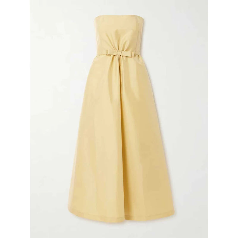 Women's Pale Yellow Strapless Maxi Dress - Bow-Accented Waist, Elegant for Party & Casual Occasions — Yellow