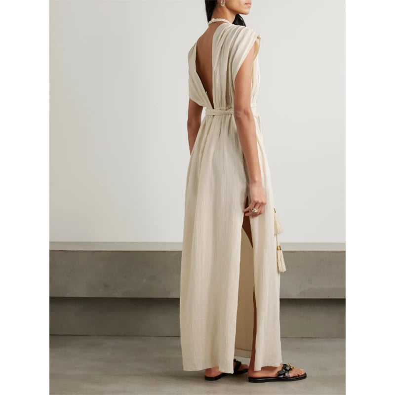 2025 European American Vintage Belt Long Dress New Fashion Casual Maxi Length Breathable Woven Natural for Spring Autumn — Ivory