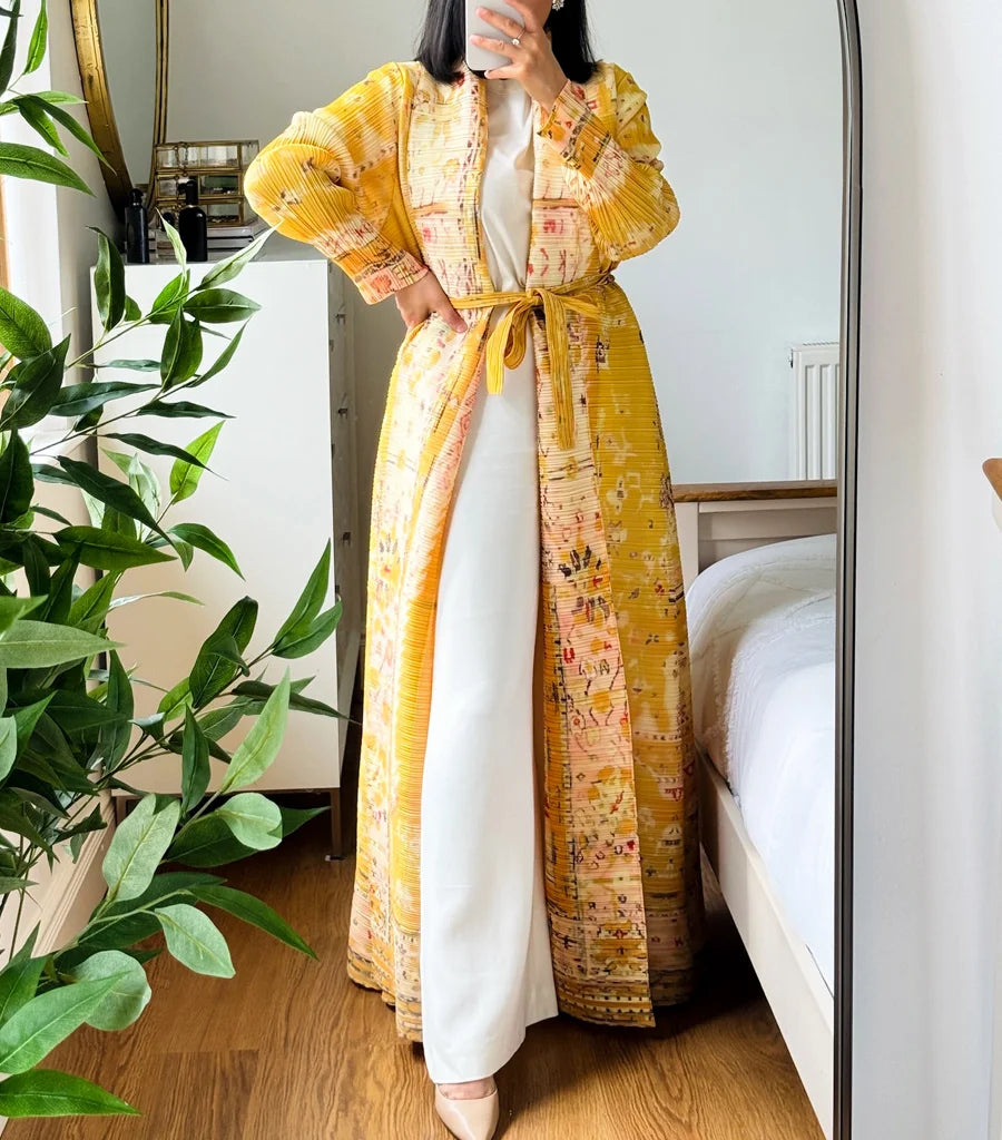 ODM Miyake Pleated Abaya Women Muslim Dress Middle East Printed Plus Size Modest Robe Traditional Dresses for Church Tall Ladies — Yellow