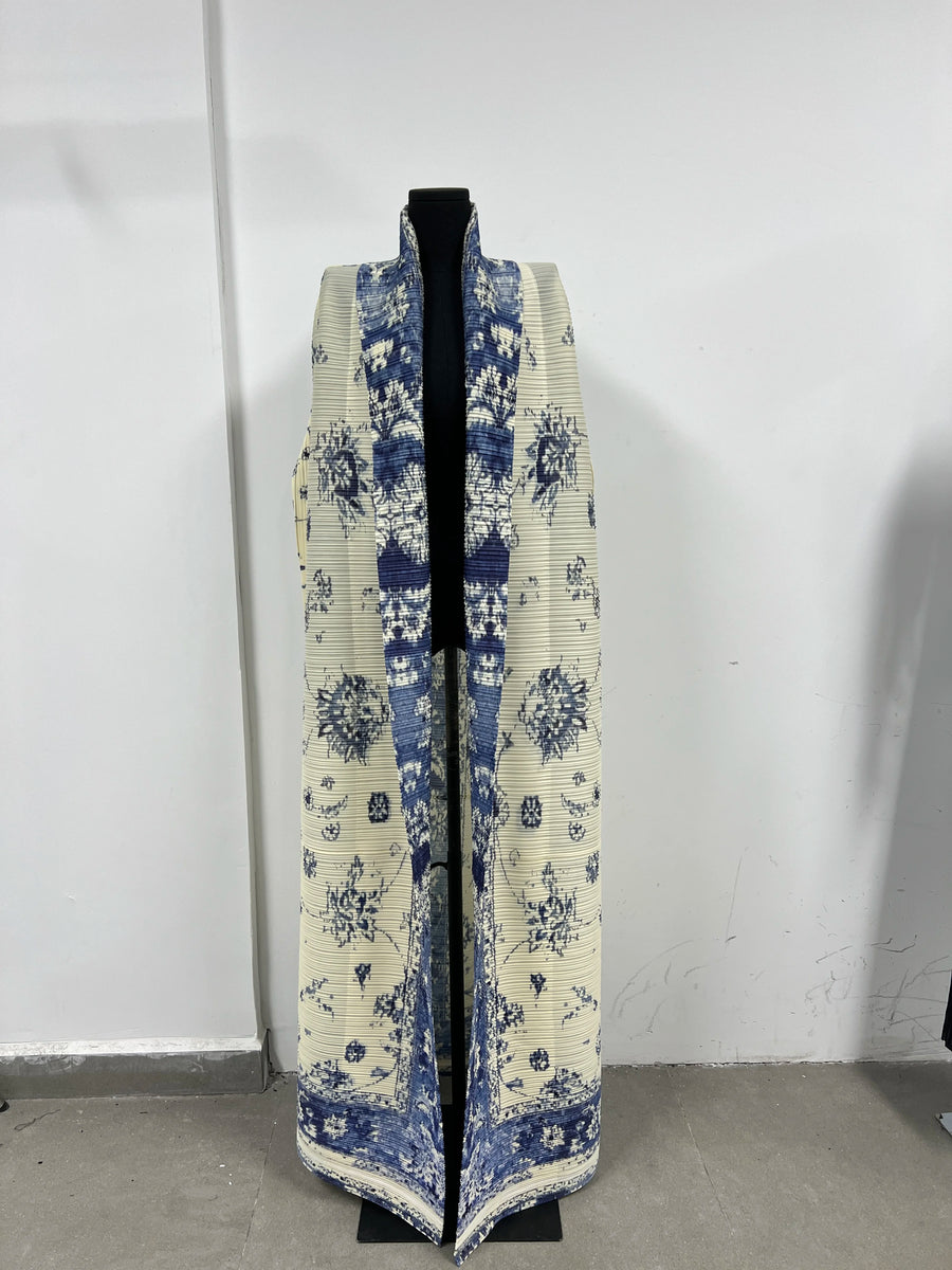 Miyake Pleated Abaya Women Muslim Dress Turndown Collar Floral Printed Modets Jacket Style Long Robe Pour Femme for Tall Ladies — color 7