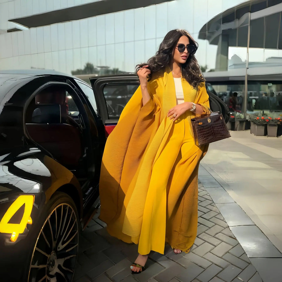 Factory Pleats Miyake Open Abaya 2025 Long Robe Elegant Cardigan Scarf Collar Bat Sleeve Casual Modest Muslim Abayas for Women — Orange - Image 2