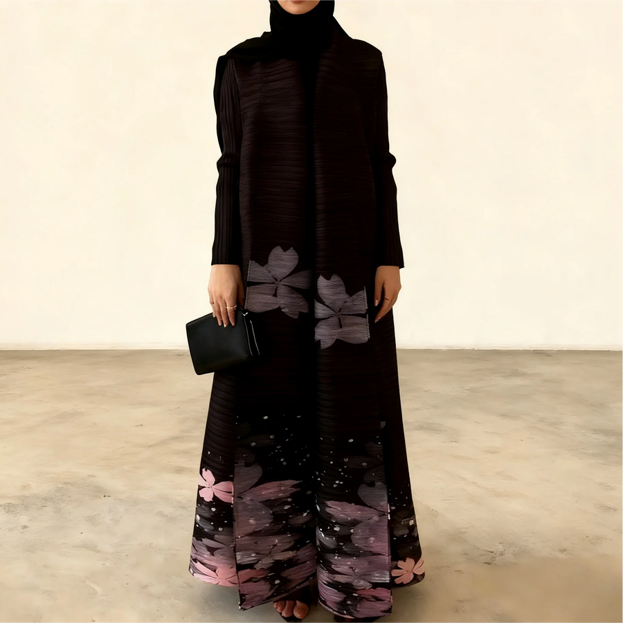 Fashion Designer Pleated Dubai Abaya for Women Front Open Coat with Belt Loose Muslim Arab Modest Dress Ramadan Eid ODM Supply — Printed color 1