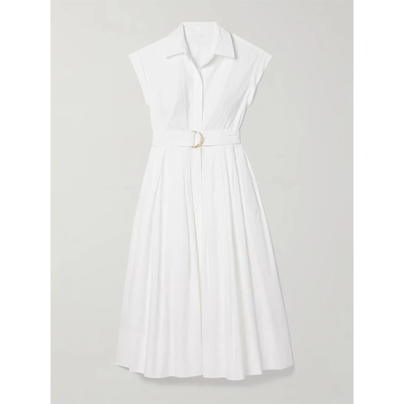 Belted Pleated Floral Print Cotton-poplin Midi Shirt Dress Elegant Casual Stand Neckline with Digital Printing for Summer — White