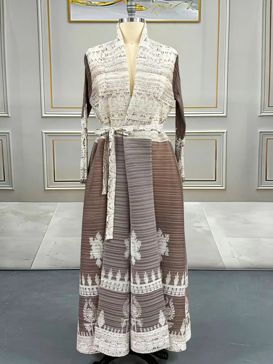 Pleats Miyake Open Abaya 2025 Retro Printed Muslim Dubai Modest Long Robe for Tall Ladies Loose Free Size Cardigan Style Abayas — Color-8