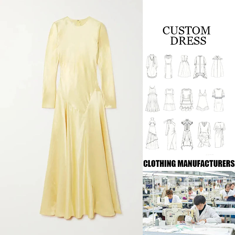 100% Cotton Hammered-Satin Panelled Gown Casual Formal Style with Natural Waistline Digital Printed Midi Length Washable — Yellow