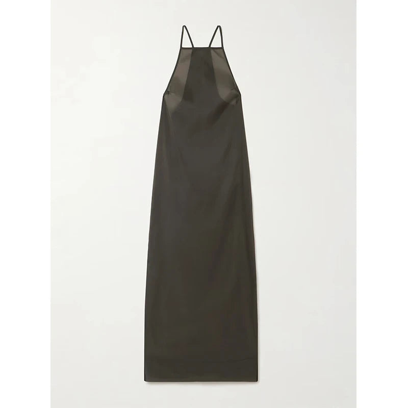 Custom-made Cotton and Satin Vintage Plain Dyed Natural Waist Button Casual Loose-fitting Sleeveless Maxi Sheer Fabric Dress — Army Green