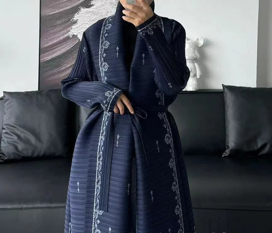Abaya 2025 Women's Autumn Versatile Trench Coat Long Robe Pleated Overcoat Middle East Pleated Modest Open Front Kaftan ODM — Navy