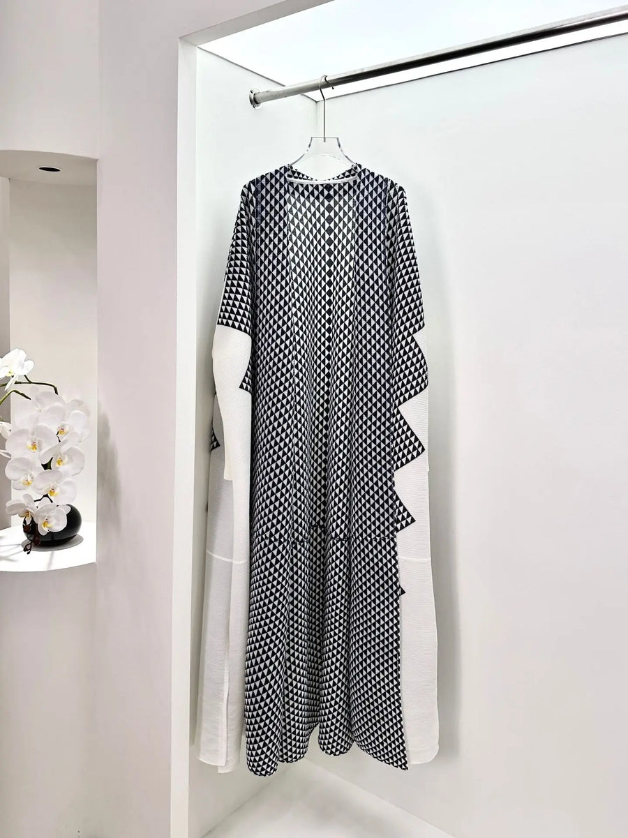 Miyake Pleated Muslim Abaya Dress Color Block Polka Dot Diamond Plus Size Casual Long Robe Pour Femme for Tall Women Modest — White