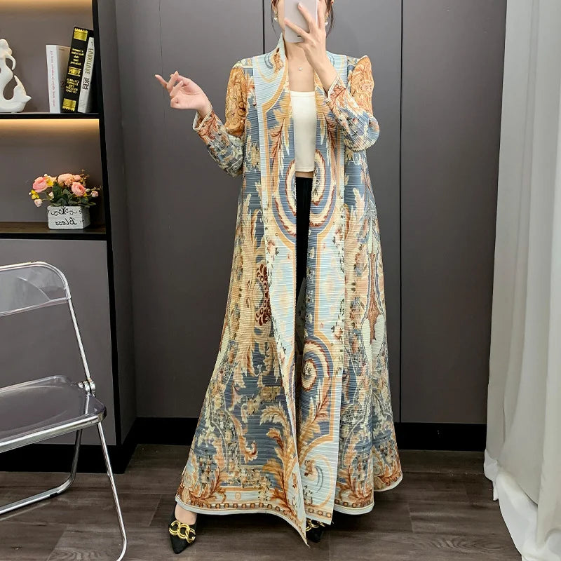 Women Miyake Pleated Abaya 2025 Dubai Fashion Modest Muslim Robe Long Coat Floral Printed Plus Size Trench Front Open Cardigan — color 4