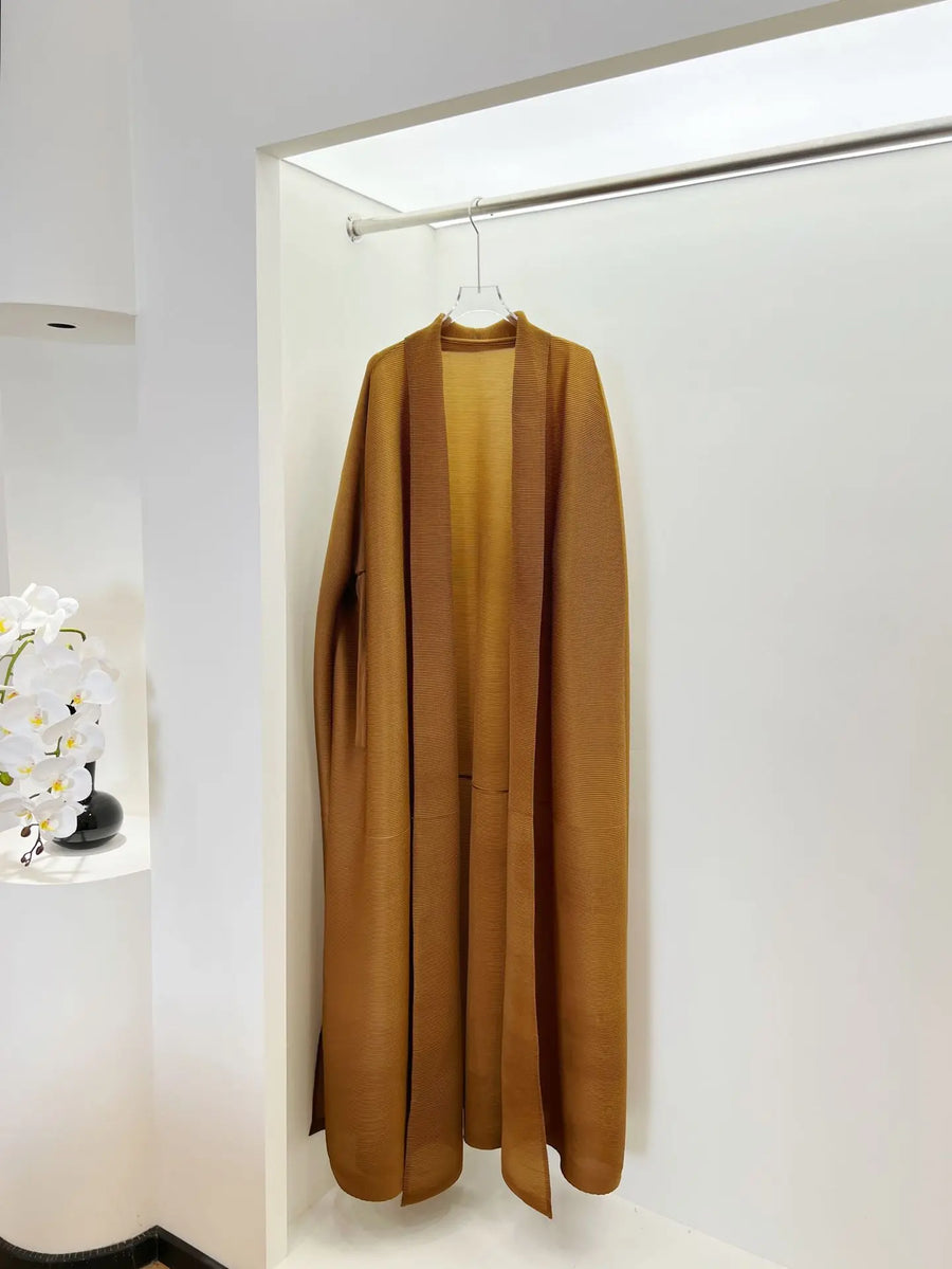 Miyake Abaya 2025 New Women's Muslim Elegant Pleated Trench Coat Batwing Sleeve Solid Color Loose Plus Size Long Robe Pour Femme — Earthy yellow